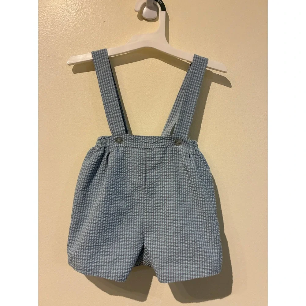 Rosey Kids Blue Gingham Seersucker Sunsuit Overalls Shorts 24M Vintage